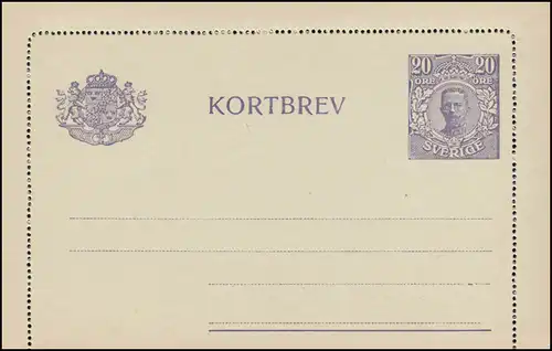 Suède Carte lettre K 20 KORTBREV Roi Gustav 20 Öre sans date d'impression, **
