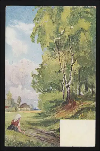 Künstler-AK Landschaftsbild - Rast der Bäuerin am Birkenwald, ungebraucht