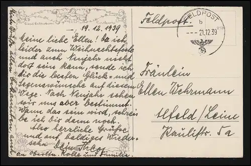 AK Gesegnete Weihnachten von Liesel Lauterborn, Feldpost 21.12.1939 