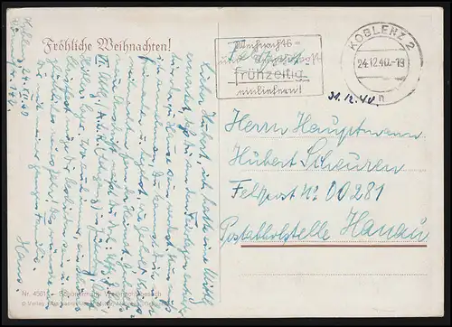 AK Noël Visite de Noël des anges la nuit, poste de terrain KOBLENZ 24.12.1940