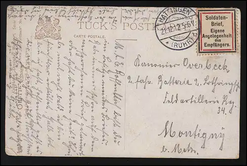 AK Jules de Klever: Le Waldbach, Lettre des soldats HATTINGEN 21.12.12