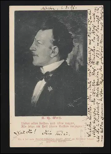 Portrait AK et citation de K.H. Wolf, MUNICH 1.8.1898 selon INNSBRUCK 2.8.98