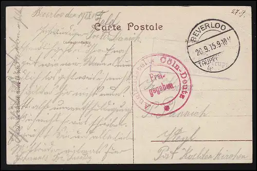AK Bourg-Leopold Autel Kerk, poste de terrain BEVERLOO TRUPPENPLATZ censure 20.9.1915