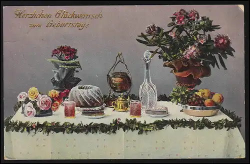 AK Geburtstagstisch Kuchen Karaffe Teekanne Obst Blumen, OFFENAU 9.4.1915