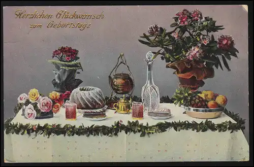 AK Table d'anniversaire Gâteau Carafe Théière Fruits Fleurs, OFFENAU 9.4.1915