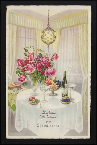 AK table d'anniversaire vie morte avec des roses fruits vin, NEUMUNSTE 19.8.1939