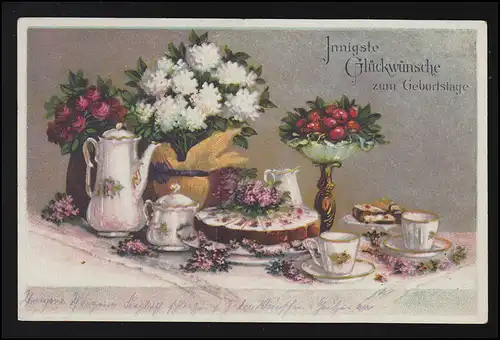 AK table d'anniversaire gâteau tasses fleurs, DRESDEN-NOUVELLE VILLE 10.11.1919