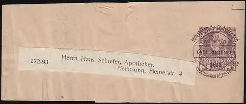 Österreich Streifband S 8 Vorausentwertung D.Ö.A.V. WIEN Ende September 1911