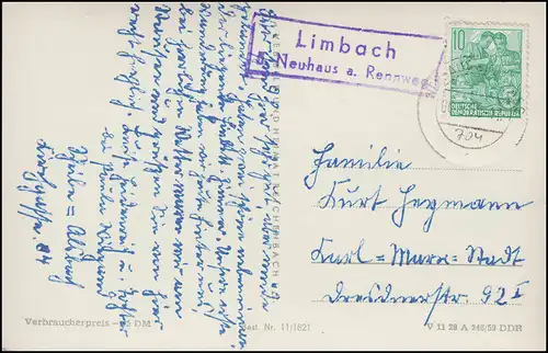 Landpost Limbach über Neuhaus / Rennsteig auf AK Feriengrüße, NEUHAUS 1960