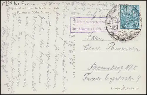 Landpost Kleinhennersdorf über Königstein/Sächs. Schweiz auf AK SSt 17.6.1957