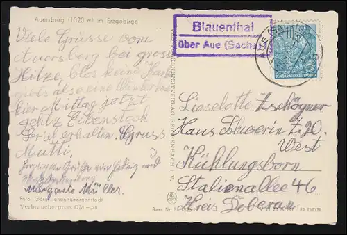 Landpost Blauenthal über AUE / SACHSEN 15.9.1958 auf AK Auersberg im Erzgebirge