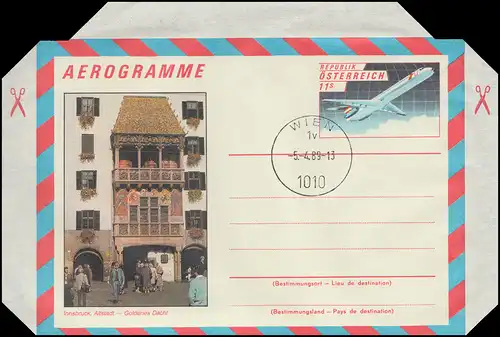Österreich LF 23 Flugzeug 11 Schilling Innsbruck Goldenes Dachl, ET-O WIEN 1989