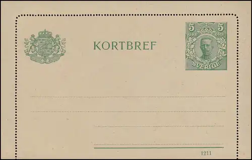 Schweden Kartenbrief K 9 KORTBREF König Gustav 5 Öre Druckdatum 1211, **