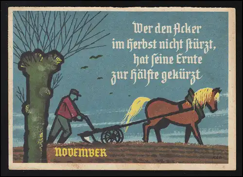AK Bauernregel November Bauer beim Pflügen mit Pferd, BERLIN-MARIENFELDE 1961 