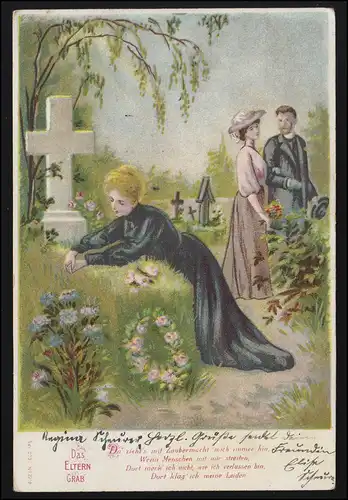 Trauer-AK Am Elterngrab auf dem Friedhof, MOEHREN 29.8.1904 nach MÜNCHEN 31.8.04