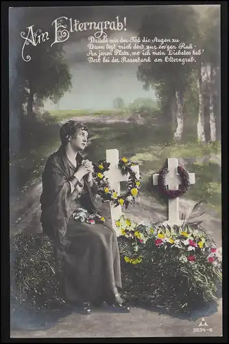 Trauer-AK Am Elterngrab - Betende Frau mit Blumen Grabkreuze, ungebraucht