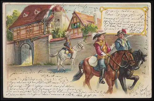 Volkslieder-AK Au revoir porte de ville Reiter, MONTJOIE 9.2.1902 après BRUXELLES 10.2.2.02