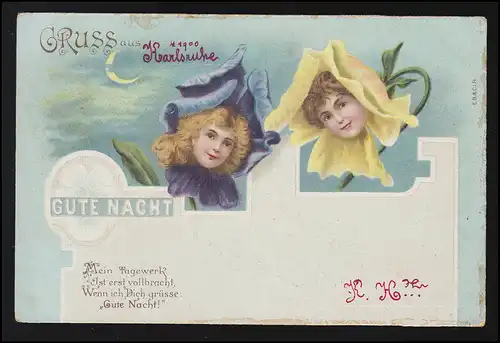 Gruss aus ... Gedicht "Gute Nacht" Blumen mit Mädchenköpfen, KARLSRUHE 7.4.1900