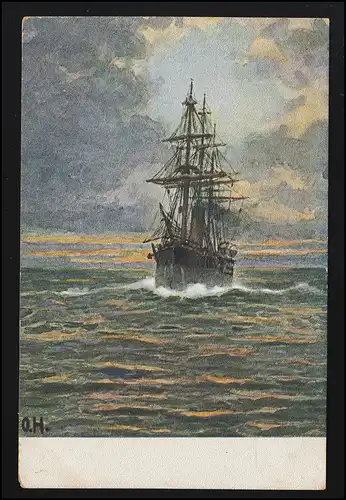 Navigation Fregatte Voilier trois-masters, artiste signé O.H., non utilisé