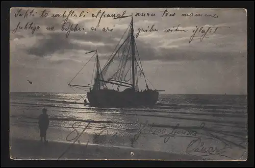 Schiffahrt Fischerboot am Strand, Wolken Abendsonne, russisch 9.5.1905