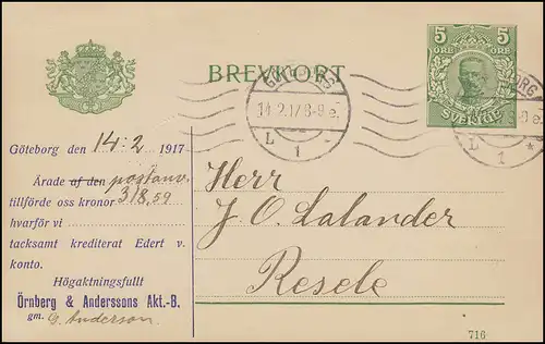 Carte postale P 32 BREVKORT 5 Öre Date d'impression 716, GÖTEBORG 14.2.17 selon RESELE 16.2.