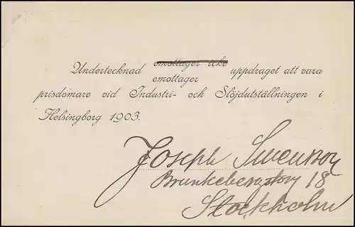 Carte postale P 19 BREFKORT 5 Öre, STOCKHOLM vers HELSINGBORG 1903