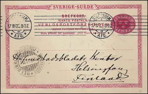 Postkarte P 20 SVERIGE-SUEDE 10 Öre, STOCKHOLM 17.4.1905 nach HELSINKI 19.4.05