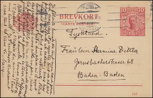Carte postale P 34 BREVKORT Roi Gustav Date d'impression 516, STOCKHOLM 1.9.1919