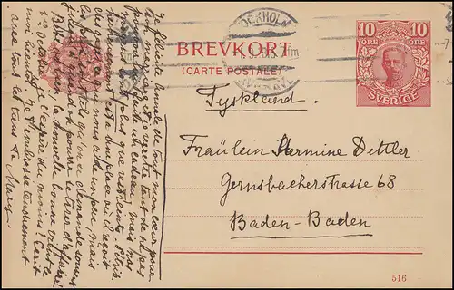 Postkarte P 34 BREVKORT König Gustav Druckdatum 516, STOCKHOLM 1.9.1919