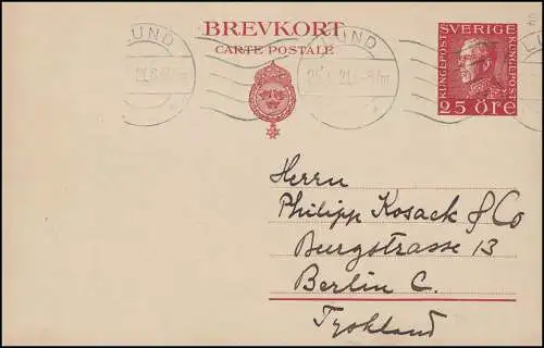 Postkarte P 42 Brevkort König Gustav 25 Öre, LUND 29.9.1921 nach Berlin