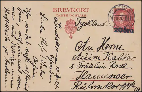 Postkarte P 47I König Gustav Maschinenaufdruck 20 / 25 Öre, LANDSKRONA 19.7.1924