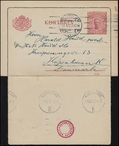 Cartes de crédit K 13 KORTBREV 10 Öre avec DV 1116, STOCKHOLM 18.4.1917 vers le Danemark