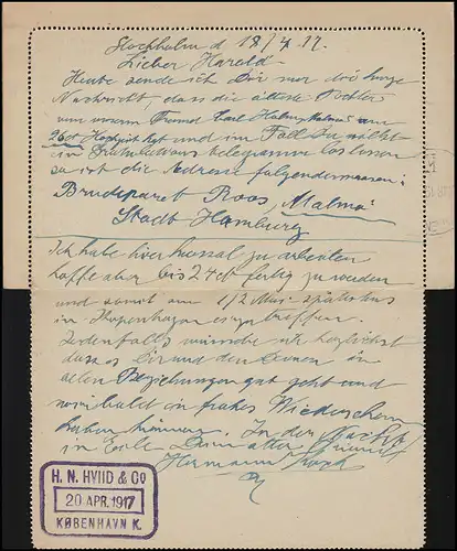 Kartenbrief K 13 KORTBREV 10 Öre mit DV 1116, STOCKHOLM 18.4.1917 nach Dänemark