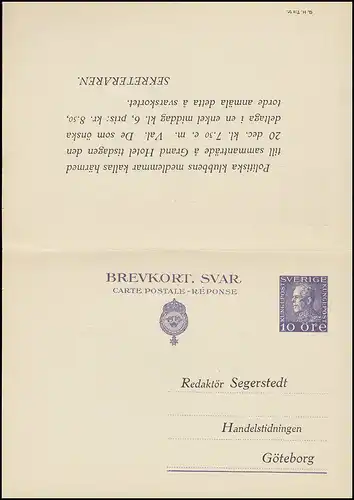 Carte postale P 52II Brevkort Roi Gustav 10/10 Öre, GÖTEBORG 14.12.1927