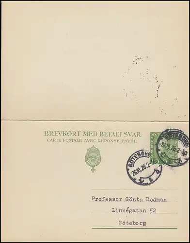 Carte postale P 43 Brevkort Roi Gustav 10/10 Öre, GÖTEBORG 26.10.1928