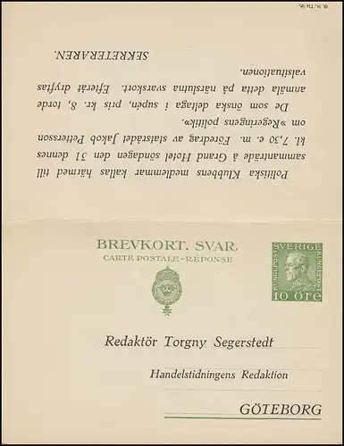 Carte postale P 43 Brevkort Roi Gustav 10/10 Öre, GÖTEBORG 26.10.1928