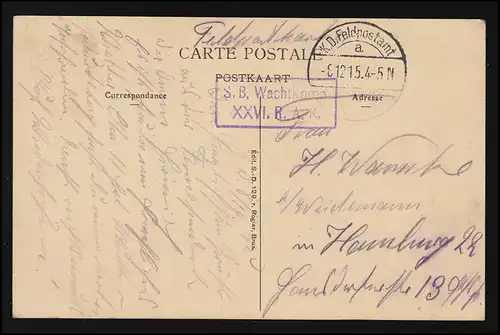 AK Kasteel De Wilde, ROESELARE, Feldpost  S.B. Wachkomp. XXVI R.A.K., 8.12.1915