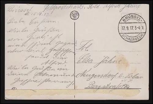 AK La Grand' Place BRUXELLES, carte MBPP, FELDPOST BRÜSSEL SCHAERBEEK 17.9.1917