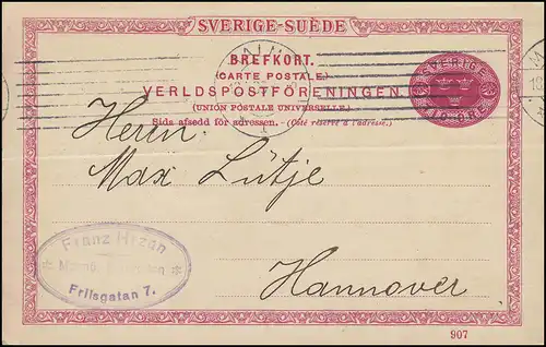 Carte postale P 25 SVERIGE-SUEDE avec DV 907, MALMÖ 19.4.1909 vers Hanovre