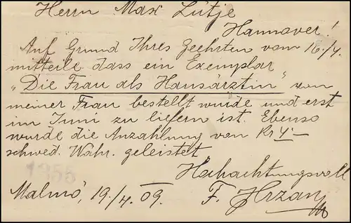 Postkarte P 25 SVERIGE-SUEDE mit DV 907, MALMÖ 19.4.1909 nach Hannover