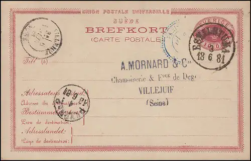 Postkarte P 13 BREFKORT, Bahnpost PKXP No. 2 - 4.6.1881 nach VILLEJUIF 6.6.81