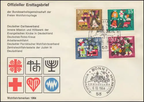 447-450 Fêtes Frères Grimm: jeu de dormant sur Bijoux FDC ESSt Bonn 6.10.64