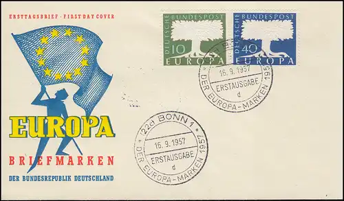 268-269 CEPT Europa-Marken 1957: Satz auf Schmuck-FDC mit ESSt Bonn 16.9.57