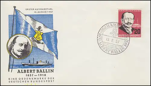 266 Reeder Albert Ballin 1957 auf Schmuck-FDC HAPAG mit ESSt HAMBURG 15.8.57
