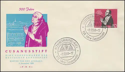 301 500 Jahre Cusanusstift 1958 auf Schmuck-FDC ESSt BERNKASTEL-KUES 3.12.58