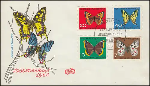 376-379 Schmetterlinge 1962 - Satz komplett auf FIDACOS-FDC ESSt BONN 25.5.62