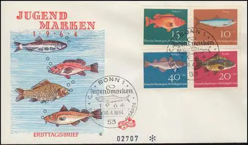 412-415 Jugend Fische 1964 - Satz 4 Werte auf FIDACOS-FDC ESSt BONN 10.4.1964