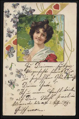 AK Artiste femme souriante avec des fleurs, GEISHINGEN AU KOKHER selon OGGERSHEIM