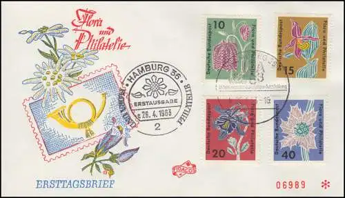 392-395 Ausstellung Flora und Philatelie 1963: Satz auf FIDACOS-FDC ESSt HAMBURG