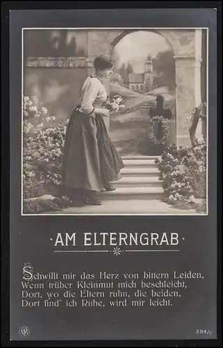 Trauer-AK Am Elterngrab auf dem Friedhof Herzschmerz Blumen Trauer, ungebraucht